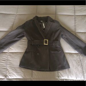 Belted double breasted wool look blazer